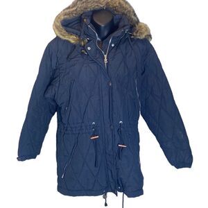 Bogner vintage black quilted long line jacket faux fur hood 4